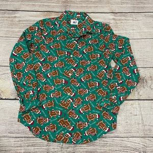 Kids long sleeve Kelly green blouse has gingerbread men with Santa hat size Lg